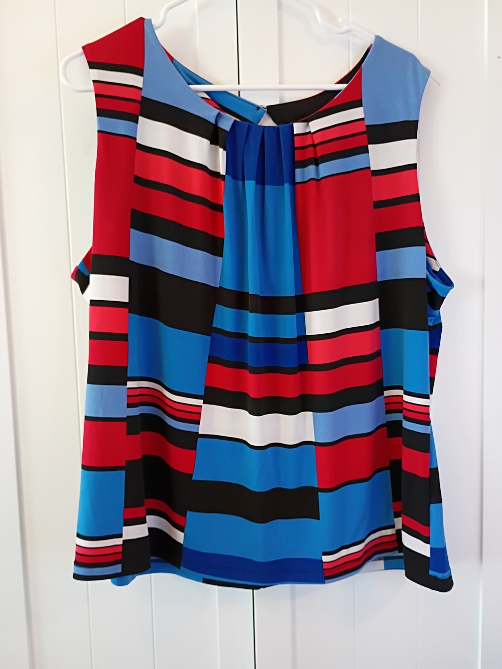 Calvin Klein Red, Blue & Black Striped Pleated Tank